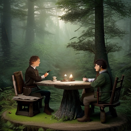 A worried Bilbo Baggins talking to a bemused Sherlock Holmes, with a backdrop of thick forest and a crude map sketching the whereabouts of the dragon's lair, spread out on a makeshift table made from a tree stump.